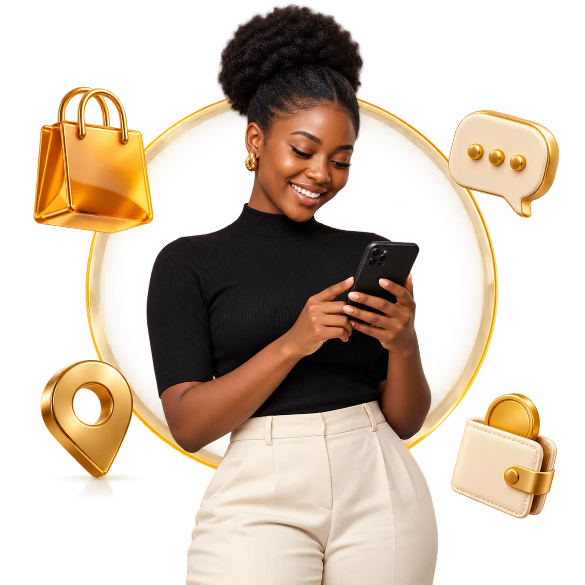 A woman enjoying Phinex on her phone, surrounded by gold shopping, nearby discovery, chat and wallet symbols